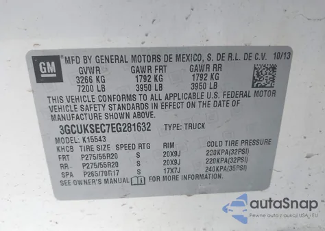 2014 Chevrolet Silverado 1500 2Lz из США, поврежденный, VIN 3GCUKSEC7EG281632